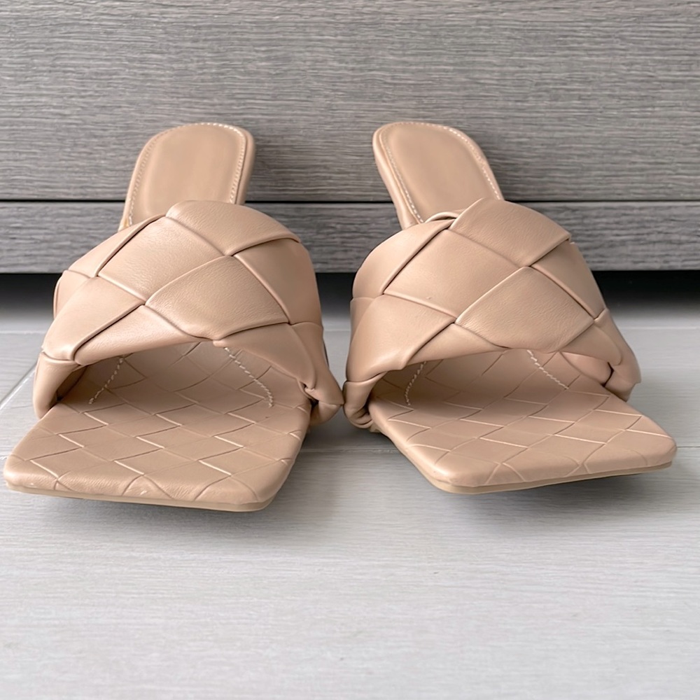 Bottega Inspired Square Open Toe Heeled Woven Leather Mule Sandals